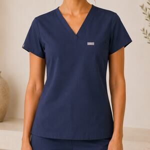 FIGS Women's Scrub Top XS Navy Blue V-Neck Tailored Medical Uniform Shirt